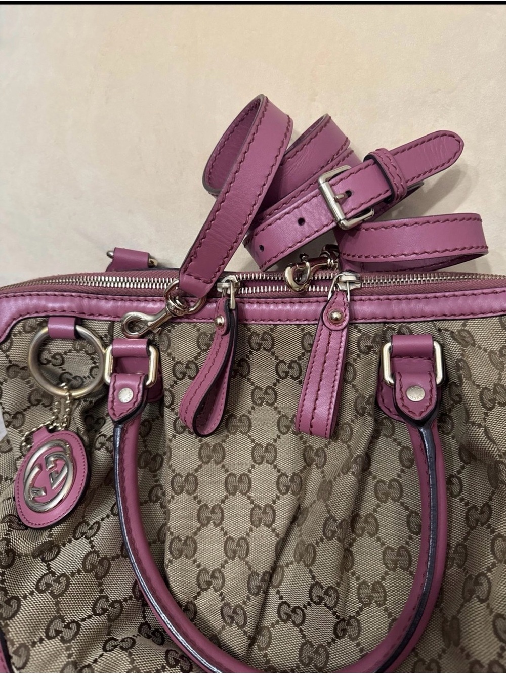 Authentic Gucci Brown GG Canvas Tote with Pink Leather Trim Pristine Condition - Picture 3 of 12